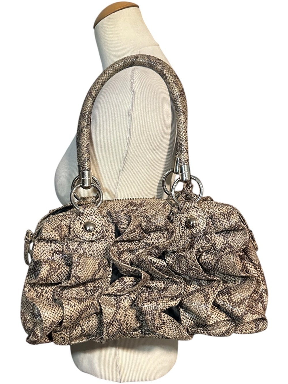 Y2K Bebe Snakeskin Print Ruffle Satchel Bag Brown